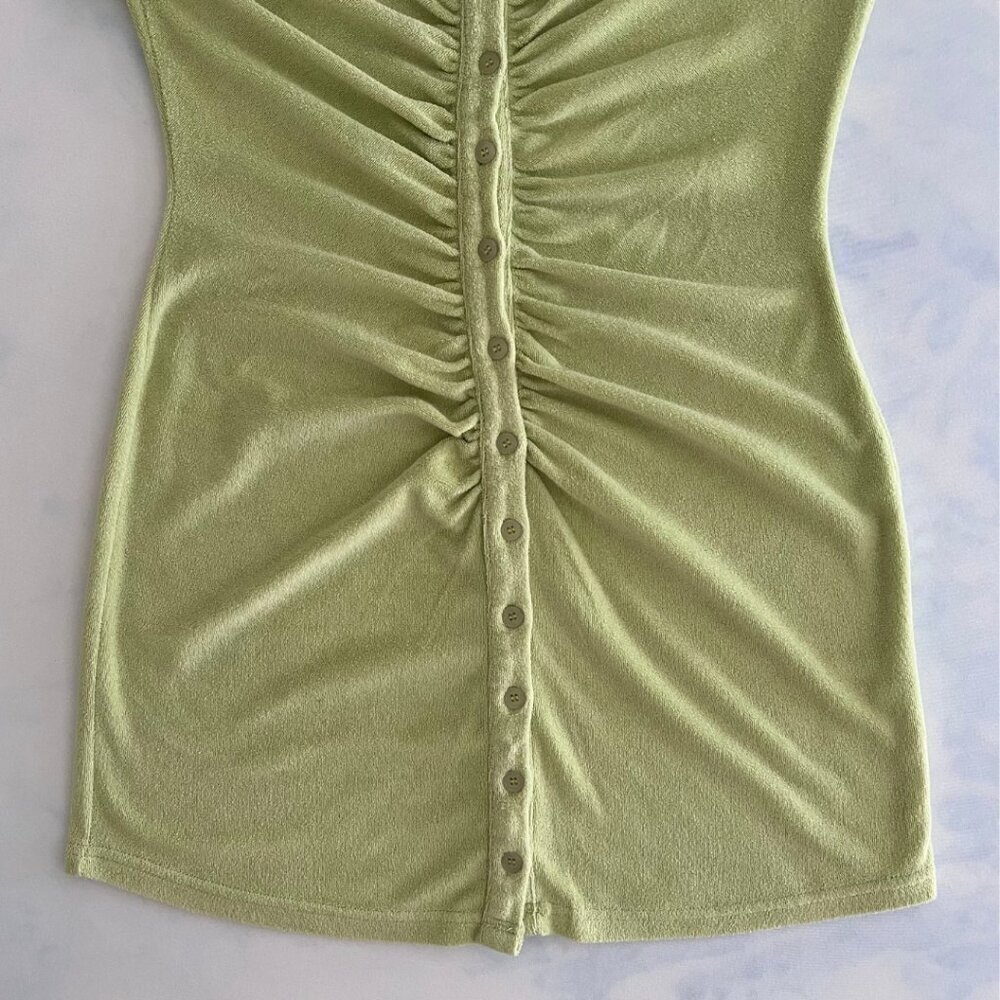 Isalis Green Retro Terry Cloth Button Up Short Sleeve Dress Cover Up - Picture 4 of 6